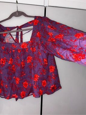 Free People Purple Top with Red Floral Print small/medium
